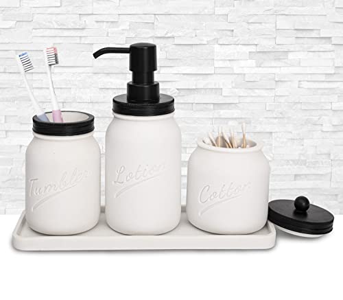 Bathroom Accessory Set,Mason Jar Bathroom Accessory Set, 4 Pcs Bathroom Accessory Set, White Quartz Sand, Include Lotion Dispenser &Tumbler& Cotton Jar&Tray