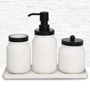 Bathroom Accessory Set,Mason Jar Bathroom Accessory Set, 4 Pcs Bathroom Accessory Set, White Quartz Sand, Include Lotion Dispenser &Tumbler& Cotton Jar&Tray