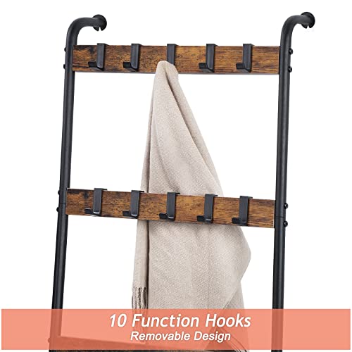 Ousheng Blanket Ladder, 5 Tier Blanket Holder with 10 Removable Hooks, Farmhouse Style Blanket Ladder for Living Room Bathroom, Decorative Wall Mounted Wooden Quilt Standing Towel Drying Storage Rack