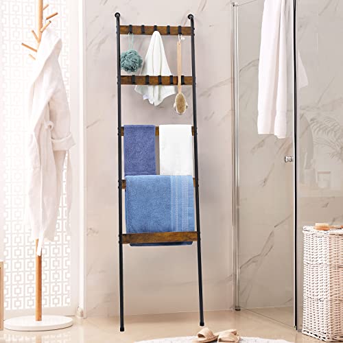 Ousheng Blanket Ladder, 5 Tier Blanket Holder with 10 Removable Hooks, Farmhouse Style Blanket Ladder for Living Room Bathroom, Decorative Wall Mounted Wooden Quilt Standing Towel Drying Storage Rack