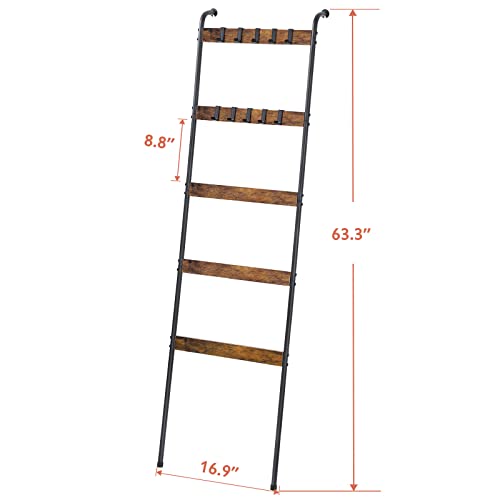 Ousheng Blanket Ladder, 5 Tier Blanket Holder with 10 Removable Hooks, Farmhouse Style Blanket Ladder for Living Room Bathroom, Decorative Wall Mounted Wooden Quilt Standing Towel Drying Storage Rack