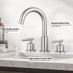 FGKQ Bathroom Faucet for Sink 3 Hole, 8 inch Widespread Bathroom Faucet, 2 Handle High Arc Bathroom Sink Faucets with Pop-Up Drain and Water Supply Lines, Brushed Nickel