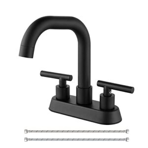 cinwiny matte black 4 inch centerset bathroom sink faucet two handle vanity lavatory faucet swivel spout 360 degree deck mounted mixer tap water supply hoses