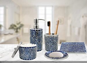 lushaccents bathroom accessories set, 5-piece decorative glass bathroom accessories set, soap dispenser, soap tray, vanity tray, jar, toothbrush holder, elegant midnight blue mosaic glass