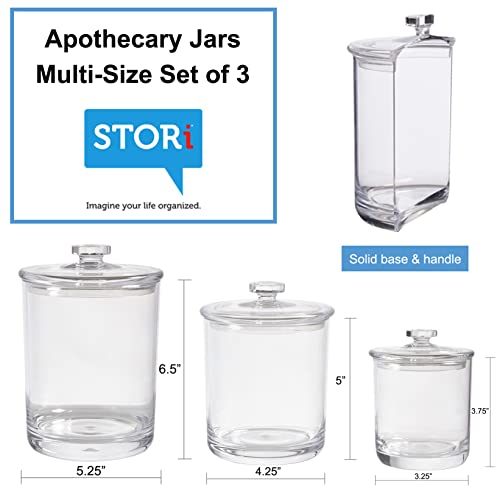 STORi 3-Pack Premium Quality Qtip and Cotton Ball Holders | 15-oz, 30-oz, and 60-oz Clear Plastic Apothecary Jars with Lids | Perfect Containers for Bathroom and Vanity | Set of 3