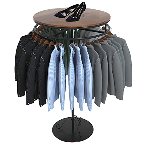 QQXX Round Clothing Rack,Walnut Wood Clothes Rack,Rotating Clothes Display Rack Circle,Clothing Garment Rack with Topper,freestanding Clothes Racks Coat Rack for Hanging Clothes Clothing Store Use