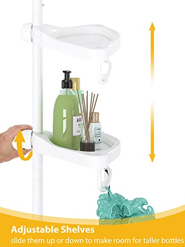 Corner Shower Caddy Tension Pole, Bathroom Organizer Stand Pole with 4 Plastic Baskets, for Bathtub Shampoo Accessories Storage Rake Freestanding, 54 to 114 inch Height, White