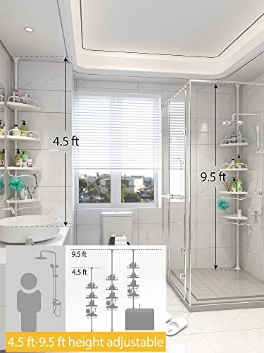 Corner Shower Caddy Tension Pole, Bathroom Organizer Stand Pole with 4 Plastic Baskets, for Bathtub Shampoo Accessories Storage Rake Freestanding, 54 to 114 inch Height, White