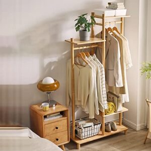 Free Standing Garment Rack with top Shelf and Shoe Clothing Storage Organizer Shelves Wardrobe Closet Organizer 100% natura rubber wood Garment Coat Hanging Heavy Duty Rack for Entryway Bed Room