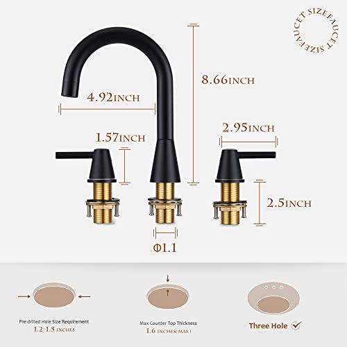 YardMonet Black Bathroom Faucet, Bathroom Faucets for Sink 3 Hole Modern Widespread 8 Inch Faucet for Bathroom Sink with Pop Up Drain 2 Handle 3-Hole Bathroom Sink Faucet Matte Black