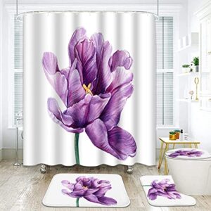 lilac flower bathroom sets with shower curtain and rugs and accessories,purple tulips shower curtain sets,blossom floral vintage shower curtains for bathroom,spring floral bathroom decor 4 pcs