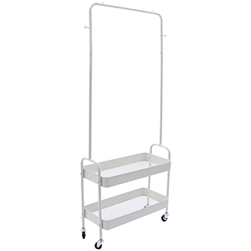 YIYIBYUS Clothes Rack Clothing Rack With 2 Tier Metal Basket, Garment Rack Rolling Storage Cart Clothes Organizer Coat Rack Storage Stand On Wheels, For Home Bedroom Laundry (WHITE)