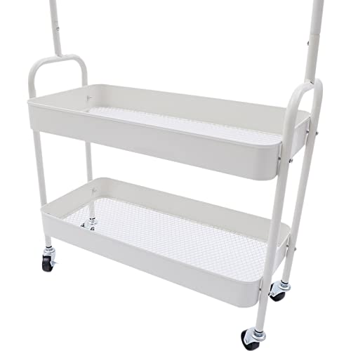 YIYIBYUS Clothes Rack Clothing Rack With 2 Tier Metal Basket, Garment Rack Rolling Storage Cart Clothes Organizer Coat Rack Storage Stand On Wheels, For Home Bedroom Laundry (WHITE)