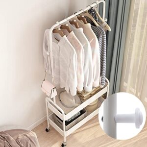 YIYIBYUS Clothes Rack Clothing Rack With 2 Tier Metal Basket, Garment Rack Rolling Storage Cart Clothes Organizer Coat Rack Storage Stand On Wheels, For Home Bedroom Laundry (WHITE)