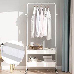 YIYIBYUS Clothes Rack Clothing Rack With 2 Tier Metal Basket, Garment Rack Rolling Storage Cart Clothes Organizer Coat Rack Storage Stand On Wheels, For Home Bedroom Laundry (WHITE)