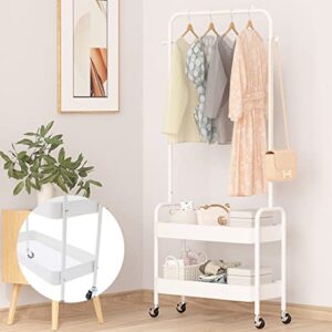 YIYIBYUS Clothes Rack Clothing Rack With 2 Tier Metal Basket, Garment Rack Rolling Storage Cart Clothes Organizer Coat Rack Storage Stand On Wheels, For Home Bedroom Laundry (WHITE)