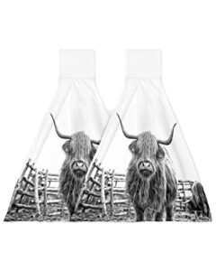 farmhouse yak kitchen towels with hanging loop 2 pack, absorbent hand towels for bathroom, grey funny cute farm animals rustic hand kitchen towel tea bar dish cloths tie towel 18"x14"