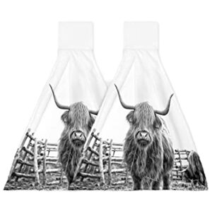 Farmhouse Yak Kitchen Towels with Hanging Loop 2 Pack, Absorbent Hand Towels for Bathroom, Grey Funny Cute Farm Animals Rustic Hand Kitchen Towel Tea Bar Dish Cloths Tie Towel 18"x14"