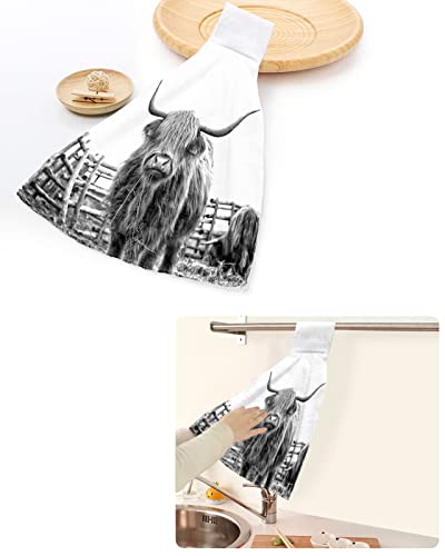 Farmhouse Yak Kitchen Towels with Hanging Loop 2 Pack, Absorbent Hand Towels for Bathroom, Grey Funny Cute Farm Animals Rustic Hand Kitchen Towel Tea Bar Dish Cloths Tie Towel 18"x14"