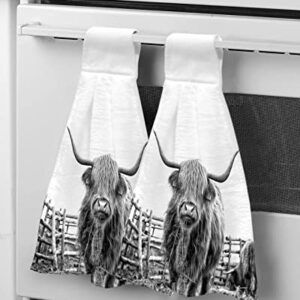 Farmhouse Yak Kitchen Towels with Hanging Loop 2 Pack, Absorbent Hand Towels for Bathroom, Grey Funny Cute Farm Animals Rustic Hand Kitchen Towel Tea Bar Dish Cloths Tie Towel 18"x14"