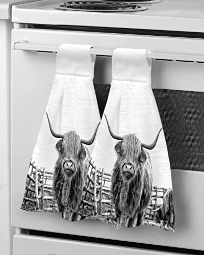 Farmhouse Yak Kitchen Towels with Hanging Loop 2 Pack, Absorbent Hand Towels for Bathroom, Grey Funny Cute Farm Animals Rustic Hand Kitchen Towel Tea Bar Dish Cloths Tie Towel 18"x14"