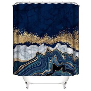 HOMAEUPIN 4 PCS Gold Marble Shower Curtain Sets with Non-Slip Rugs, Toilet Lid Cover, Bath U-Shaped Mat, Luxury Modern Marble Bathroom Sets with Rugs and 12 Hooks Accessories,Gold Dark Blue