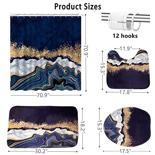 HOMAEUPIN 4 PCS Gold Marble Shower Curtain Sets with Non-Slip Rugs, Toilet Lid Cover, Bath U-Shaped Mat, Luxury Modern Marble Bathroom Sets with Rugs and 12 Hooks Accessories,Gold Dark Blue