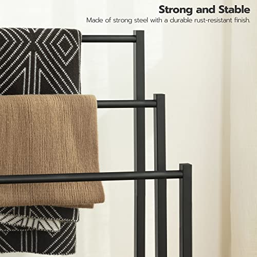 HOOBRO Freestanding Towel Rack, 3 Tier Metal Blanket Rack, Blanket Ladder Holder for Bathroom, 16.9"L x 11"W x 31.9"H, Industrial Drying and Display Rack with Shelf, Rustic Brown and Black BF03LB01