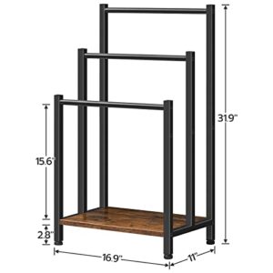 HOOBRO Freestanding Towel Rack, 3 Tier Metal Blanket Rack, Blanket Ladder Holder for Bathroom, 16.9"L x 11"W x 31.9"H, Industrial Drying and Display Rack with Shelf, Rustic Brown and Black BF03LB01