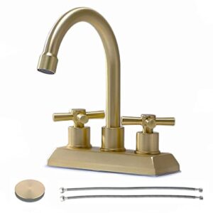 vapsint 2 handle 4 inch centerset brushed gold bathroom faucet,modern commercial 2 hole gold bathroom sink faucet,laundry basin vanity sink faucet with supply lines and pop up drain combo
