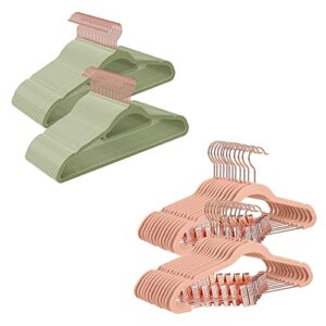 songmics 50-pack velvet hangers and 24-pack pants hangers bundle, clothes hanger with rose gold swivel hook, coat hangers with movable clips, pale green and light pink ucrf021gr50 and ucrf14pk24