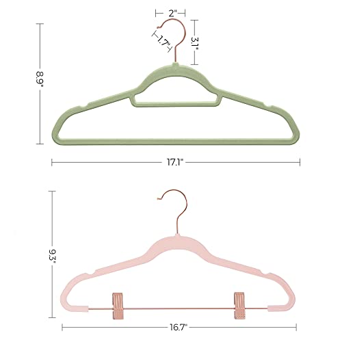 SONGMICS 50-Pack Velvet Hangers and 24-Pack Pants Hangers Bundle, Clothes Hanger with Rose Gold Swivel Hook, Coat Hangers with Movable Clips, Pale Green and Light Pink UCRF021GR50 and UCRF14PK24