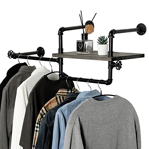 MyGift Industrial Garment Closet Hanging Organization System, Wall Mounted Black Metal Pipe Clothing Rod Rack with Weathered Gray Wood Display Shelf and Vintage Valve Accents