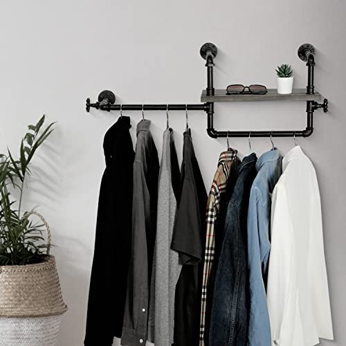 MyGift Industrial Garment Closet Hanging Organization System, Wall Mounted Black Metal Pipe Clothing Rod Rack with Weathered Gray Wood Display Shelf and Vintage Valve Accents