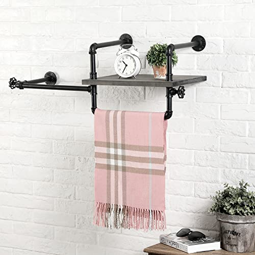 MyGift Industrial Garment Closet Hanging Organization System, Wall Mounted Black Metal Pipe Clothing Rod Rack with Weathered Gray Wood Display Shelf and Vintage Valve Accents