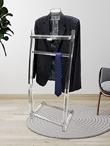 Designstyles Acrylic Valet Stand - Clothes Valet with Suit Jacket Rack, Pants Hangers Garment Rack for Coat, Trousers, Shirt - Floor Standing Clothing Hanger Organizer for Mens Wardrobe Storage