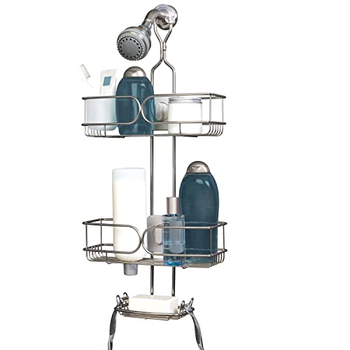 Zenna Home Rustproof 4-Way Adjustable Hanging Over-The-Shower Caddy, with Inverted Bottle Storage, Soap Dish, Razor Hooks and Storage Cup, Stainless Steel