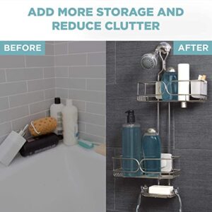 Zenna Home Rustproof 4-Way Adjustable Hanging Over-The-Shower Caddy, with Inverted Bottle Storage, Soap Dish, Razor Hooks and Storage Cup, Stainless Steel