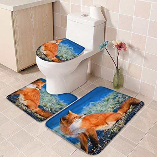 Women Trend 3 Piece Bath Rugs Set Non-Slip Bathroom Mats Absorbent Contour Soft Mat Toilet Lid Cover Bathroom Decor Set- Red Fox on The Prairie 18"x30"+14"x18"+15"x18"