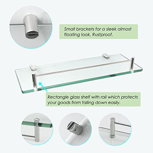 mokhome Bathroom Shelves, Glass Shower Caddy, Rectangle Floating Wall Mounted Shelf,Tempered Clear Glass Shelving with Towel Bar Shampoo Holder,1 Shelf, SUS304 Stainless Steel Brackets,Rustproof