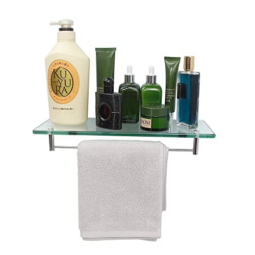 mokhome Bathroom Shelves, Glass Shower Caddy, Rectangle Floating Wall Mounted Shelf,Tempered Clear Glass Shelving with Towel Bar Shampoo Holder,1 Shelf, SUS304 Stainless Steel Brackets,Rustproof