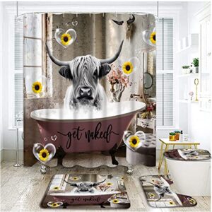 4 piece highland cow shower curtain sets with rugs, toilet lid cover ,farmhouse animals cottle with sunflower pink bubbles in bathtub funny get naked antique bathroom shower curtain with 12 hooks…