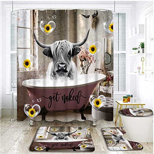 4 Piece Highland Cow Shower Curtain Sets with Rugs, Toilet Lid Cover ,Farmhouse Animals Cottle with Sunflower Pink Bubbles in Bathtub Funny Get Naked Antique Bathroom Shower Curtain with 12 Hooks…