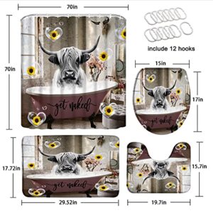 4 Piece Highland Cow Shower Curtain Sets with Rugs, Toilet Lid Cover ,Farmhouse Animals Cottle with Sunflower Pink Bubbles in Bathtub Funny Get Naked Antique Bathroom Shower Curtain with 12 Hooks…