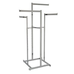 clothing rack – chrome 4 way rack, high-capacity, blade arms, square tubing, perfect for clothing store display with 4 straight arms 22” length