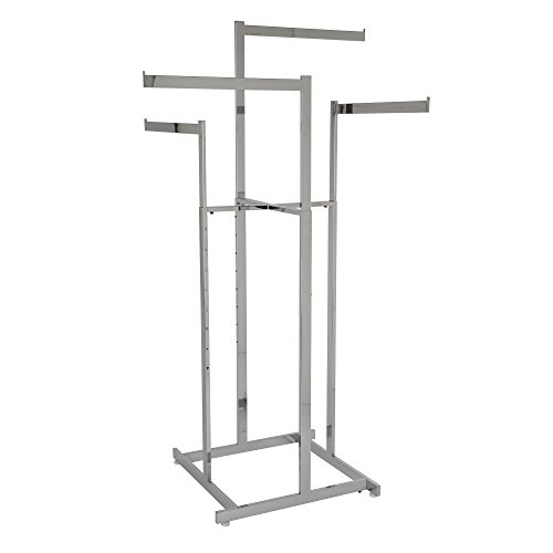 Clothing Rack – Chrome 4 Way Rack, High-Capacity, Blade Arms, Square Tubing, Perfect for Clothing Store Display With 4 Straight Arms 22” Length