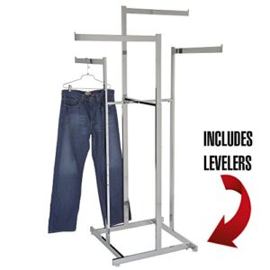 Clothing Rack – Chrome 4 Way Rack, High-Capacity, Blade Arms, Square Tubing, Perfect for Clothing Store Display With 4 Straight Arms 22” Length