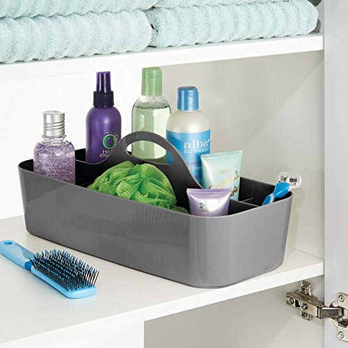 mDesign Plastic Bathroom Storage Organizer Caddy Tote - Divided Basket Bin with Handle for Shower, Dorm Room - Holds Soap, Body Wash, Shampoo, Conditioner, Lotion - Lumiere Collection, Charcoal Gray