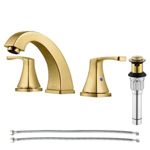 parlos 2-handle widespread bathroom faucet with metal pop up drain and cupc faucet supply lines, brushed gold, doris 1417208