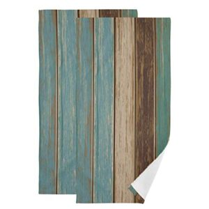 rustic barn wood hand towel set of 2, vintage teal turquoise brown plank wooden stripe face towel country board super soft washcloth for farmhouse log cabin bathroom kitchen, labor day gift
